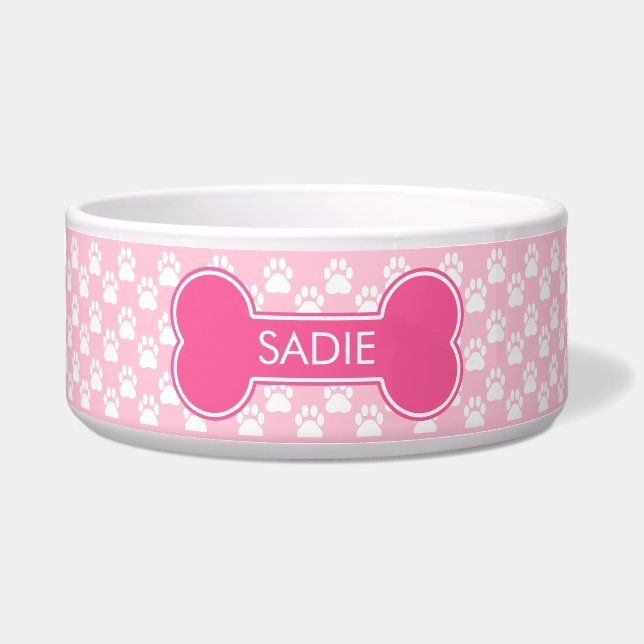 Écuelle Os de chien rose et pattes avec nom (Devant)