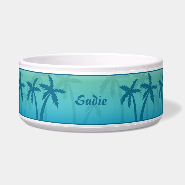 Écuelle Palmiers Tropicaux Bleus Aqua Et Nom Personnalisé (Devant)