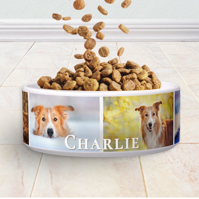 Écuelle Personalized 6 Photo Pet Name Collage Ceramic Dog (A personalized dog bowl with collage of 6 photos and pet's name in elegant lettering)