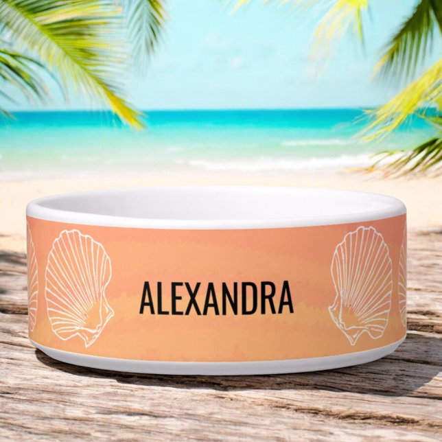 Écuelle Personnalisé Nom de l'animal Orange Beach Sea Shop (custom pet bowl front)