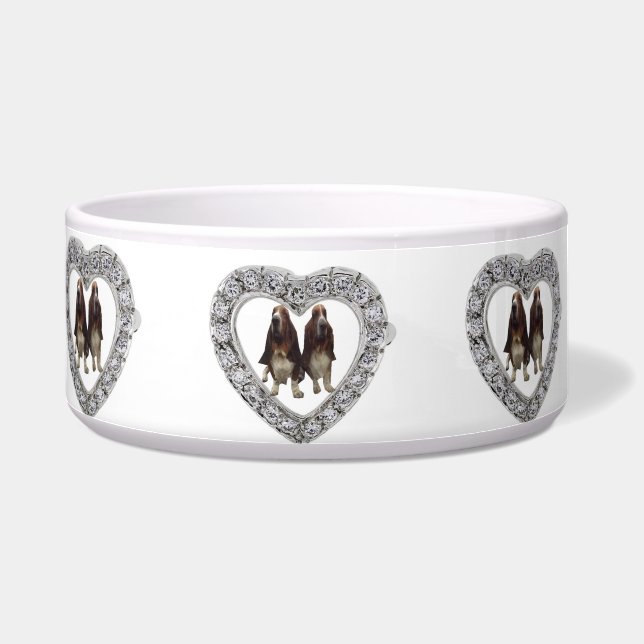 Écuelle Pet Bowl Basset Hounds sur Wjhite dans Heart Diamo (Gauche)
