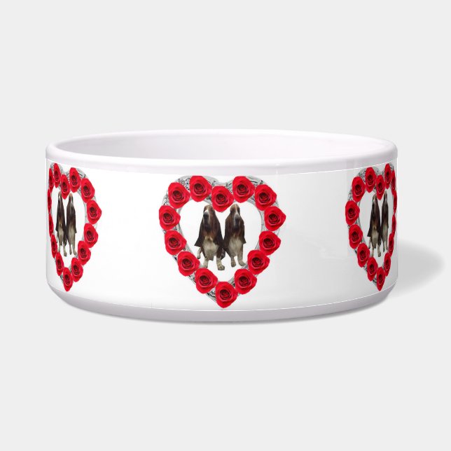 Écuelle Pet Bowl Roses Coeur Rouge Avec Basset Hounds (Devant)