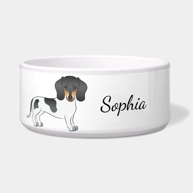 Écuelle Piebald Noir Et Tan Cheveux Courte Dachshund & Nom (Devant)