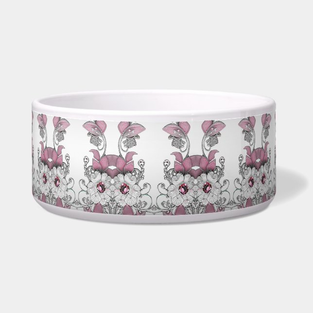Écuelle Pink Silver Blanc Floral Céramique Pet Bowl (Devant)