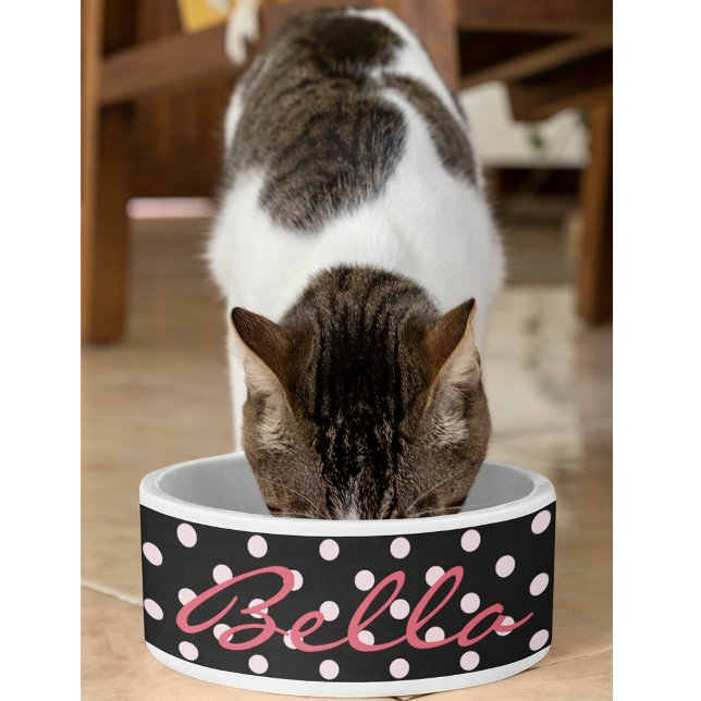 Écuelle Pois roses mignons Chat Kitty Nom de l'animal Alim (Cute Black Pink Polka Dots Cat Kitty Pet Name Food Bowl)