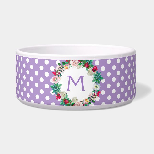 Écuelle Pois violets et blancs avec Monogram Pet (Devant)