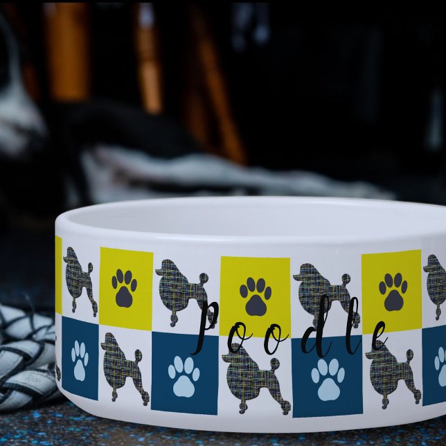 Écuelle Poodle Chien & Paw Yellow & Blue Grid Chien Bowl (Créateur téléchargé)