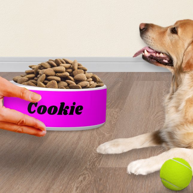 Écuelle Rose clair élégant moderne personnalisé chien anim (A bright pink dog bowl, personalized with the pet's name in modern black typography)