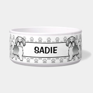 Écuelle Silve Et Shih Tzu Blanc Chien Mignon Avec Des Patt