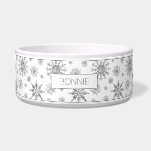 Écuelle Silver Grey Snowflakes Motif & Custom Pet Name