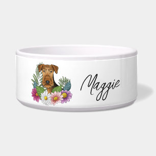 Écuelle Terrier Airedale avec des fleurs colorées et nom