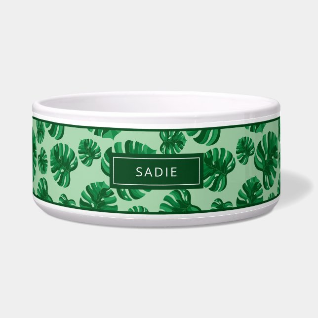 Écuelle Tropical Green Monstera Palm Feuilles & Nom person (Devant)