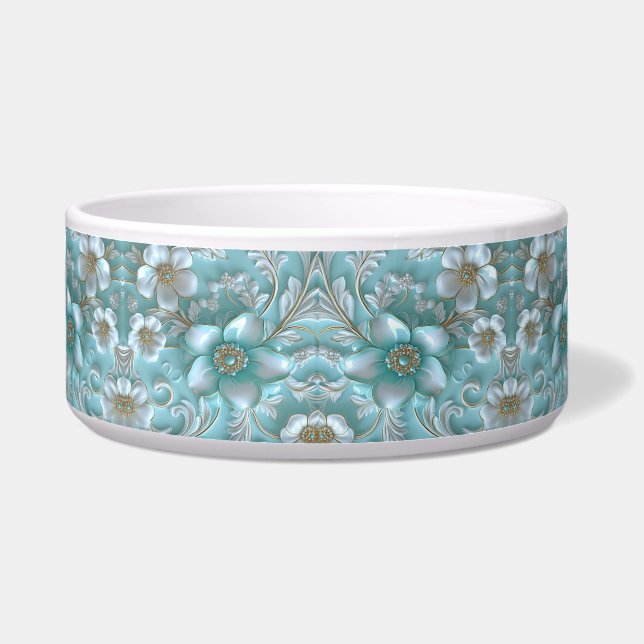 Écuelle Turquoise Blanc Floral céramique Pet Bowl (Devant)