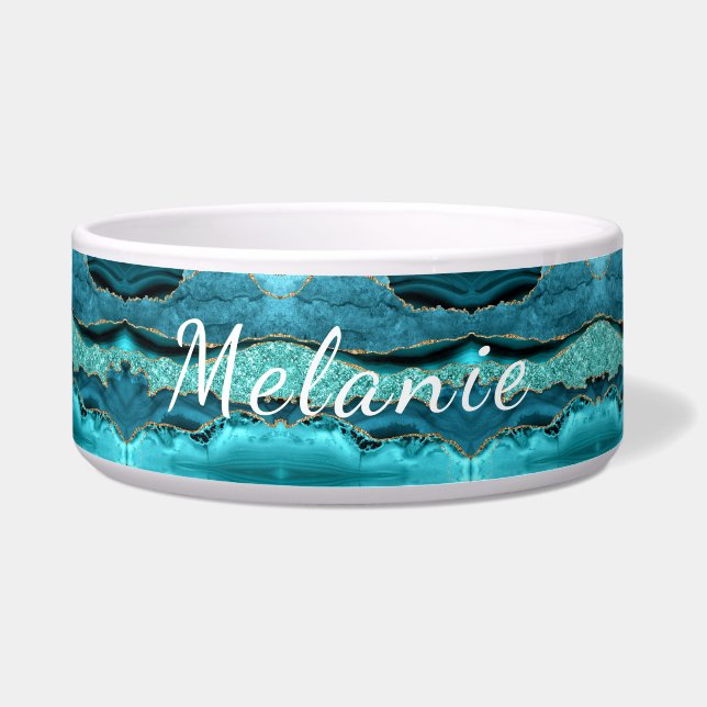 Écuelle Turquoise Blue Gold Marble Turquoise Votre nom Pet (Devant)