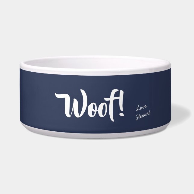 Écuelle Woof Cute Text Marine Bleu & Blanc Personnalisé An (Devant)