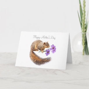 Écureuil aux fleurs violettes Carte de fête des mè