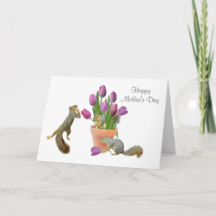 Écureuils avec la carte de fête des mères tulipes