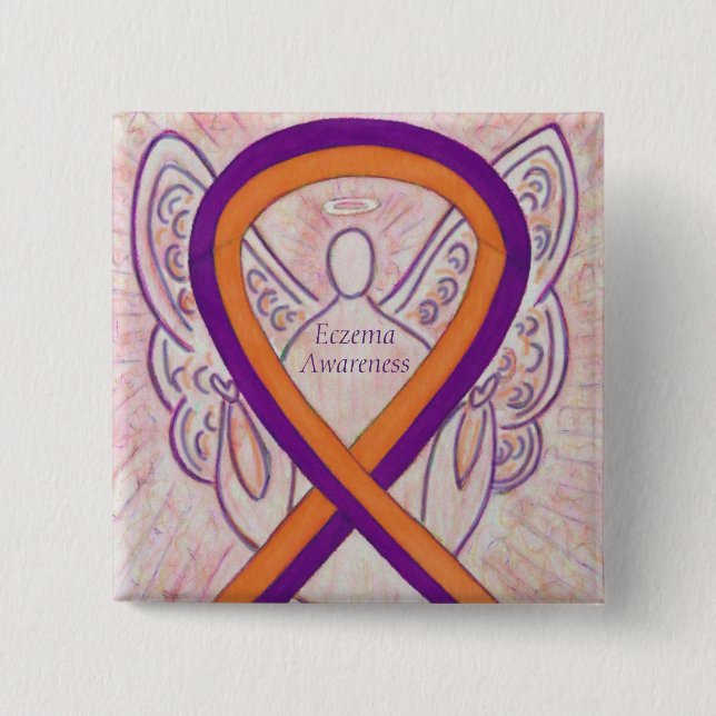 Eczema Awareness Ribbon Angel Custom Button Pin (Front)