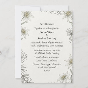 Edelweiss Flowers, Pine Needles, Watercolor Foliag Invitation
