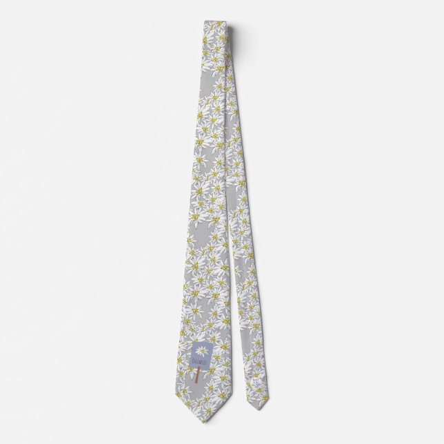 Edelweiss Hand-Drawn Alps Wildflower Pattern Boho Tie (Front)