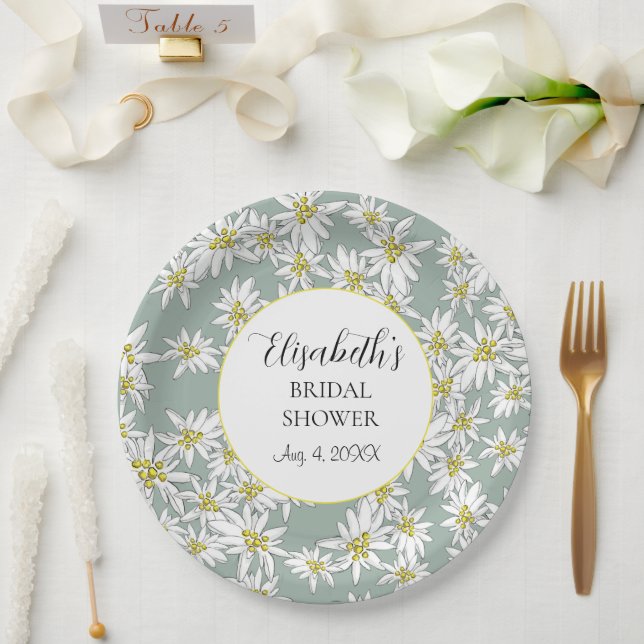 Edelweiss Hand-Illustrated Personalized Watercolor Paper Plate (Wedding)