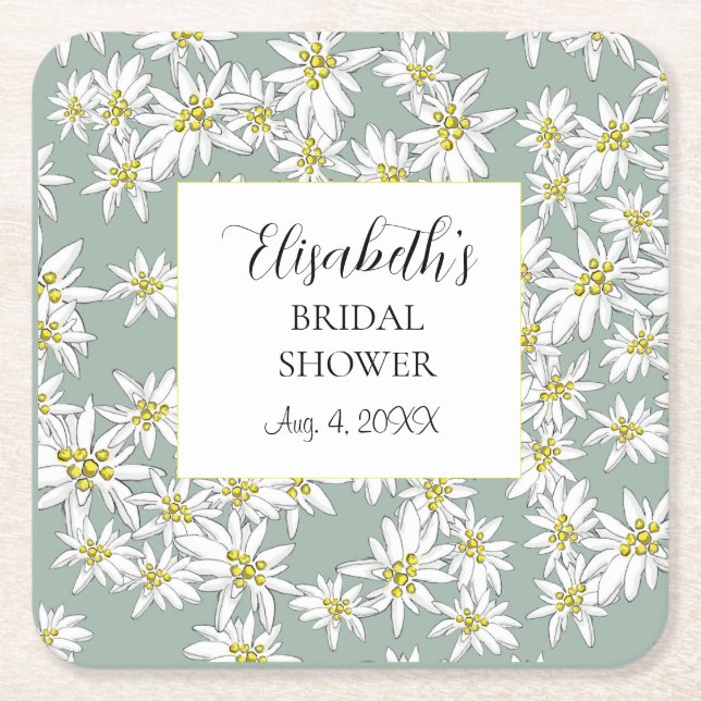 Edelweiss Hand-Illustrated Personalized Watercolor Square Paper Coaster (Front)