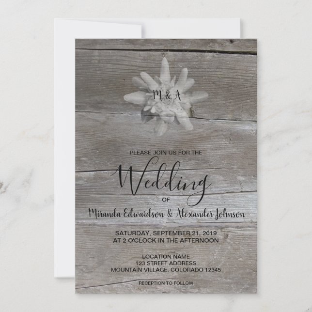 Edelweiss on rustic wood monogram country Wedding Invitation (Front)