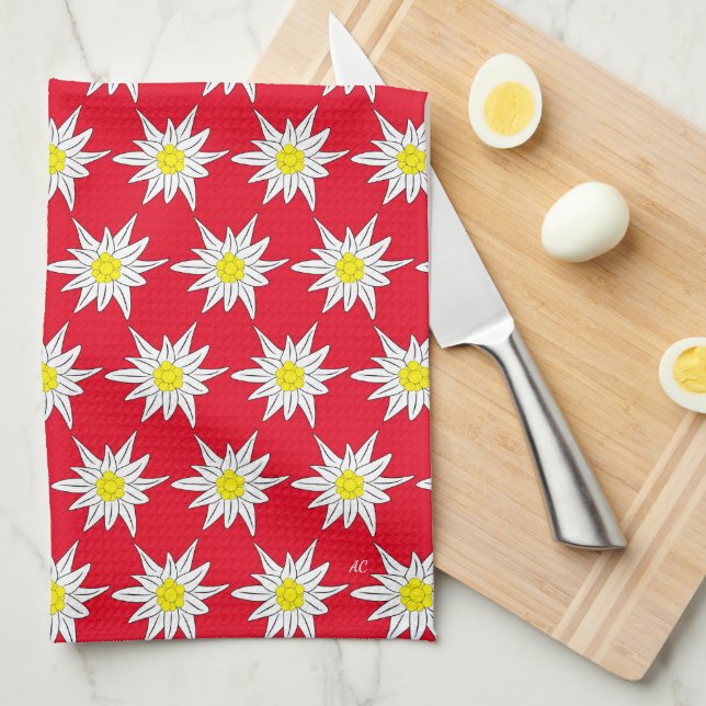 Edelweiss Pattern Red Kitchen Towels (Quarter Fold)