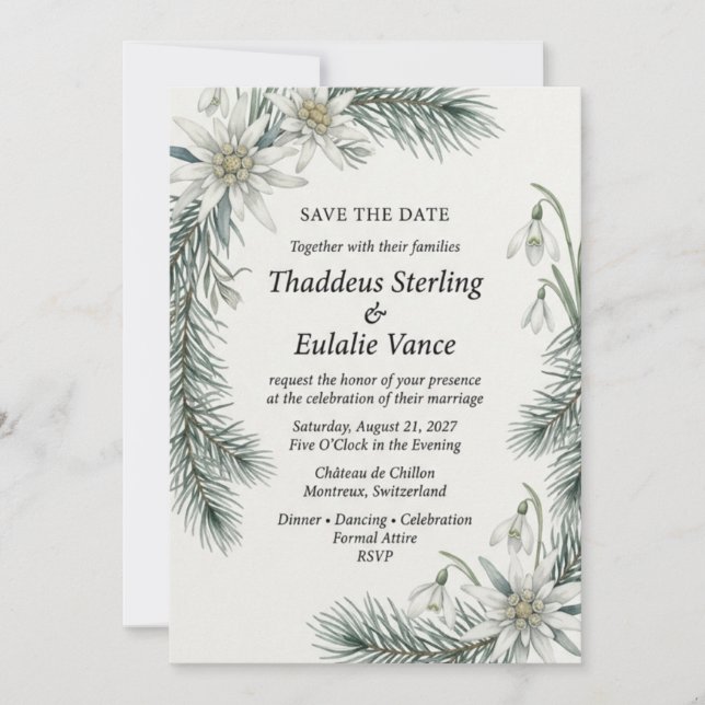 Edelweiss & Snowdrop Alpine Botanical Elegant Save Invitation (Front)