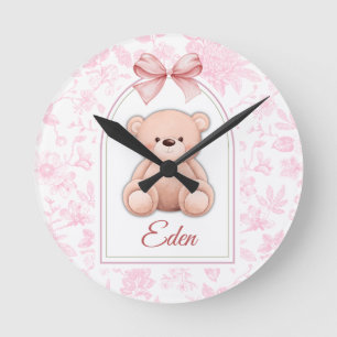 Eden   Custom Pink Teddy Bear Nursery Design  Round Clock