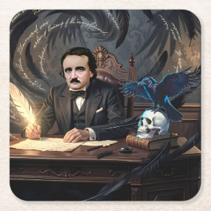Edgar A. Poe Composing The Raven In Gothic Dreams Square Paper Coaster