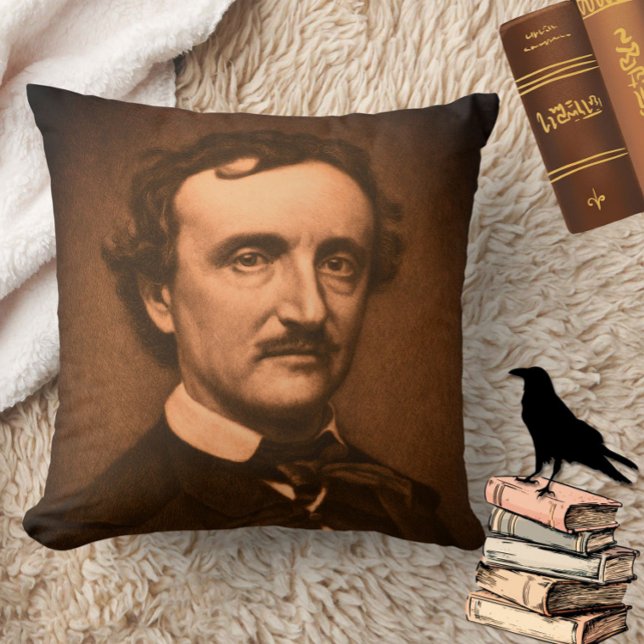 Edgar Allan Poe Headshot Gothic Moody Spooky Throw Pillow (Add spooky gothic charm to your home with this moody Edgar Allan Poe throw pillow!)