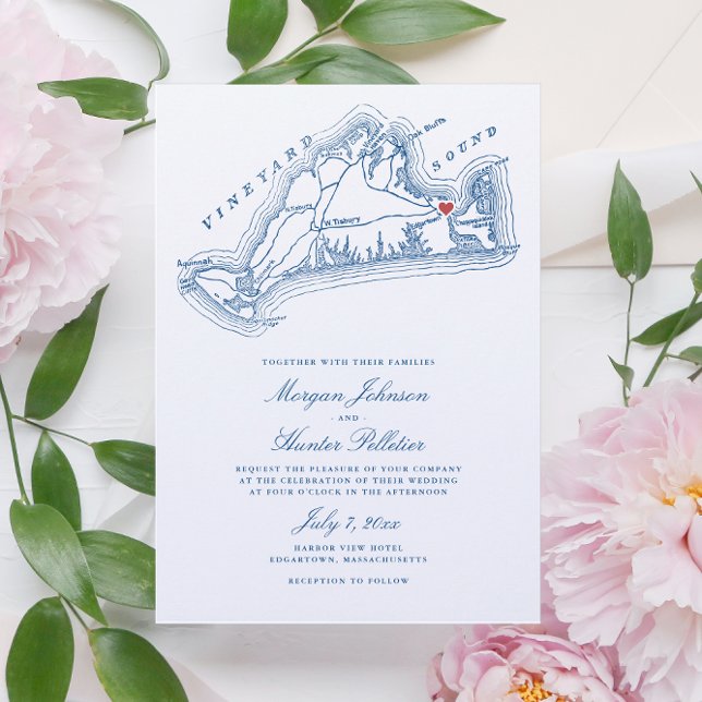 Edgartown MA Map Elegant Navy Blue Wedding Invitation (Elegant Navy Blue Martha's Vineyard Wedding Invitation with Edgartown, MA Map - Coastal Map Designs)