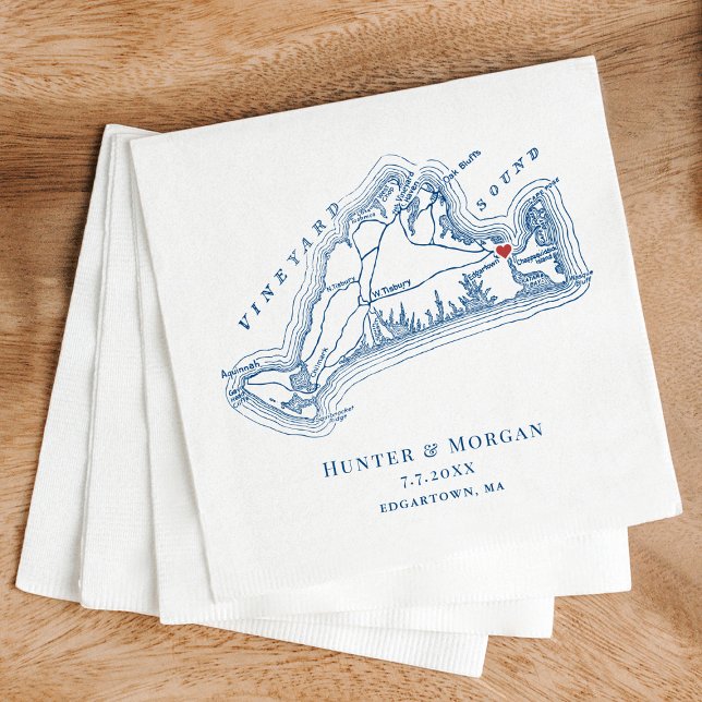 Edgartown MA Map Elegant Navy Blue Wedding Napkin (Edgartown MA Martha's Vineyard Personalized Wedding Napkins in elegant Navy Blue, Coastal Map Design)