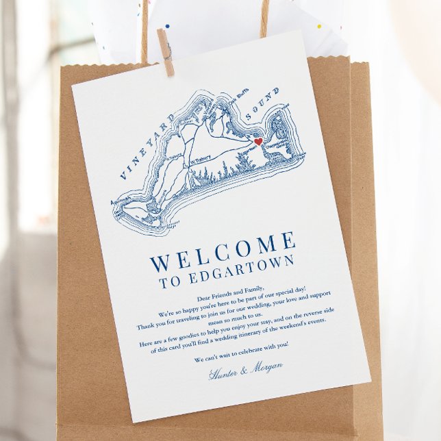 Edgartown MA Wedding Welcome Itinerary Navy Blue Thank You Card (Edgartown MA Martha's Vineyard Map wedding welcome letter weekend schedule in elegant Navy Blue )