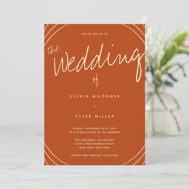 Edge Line Burnt Orange Wedding Invitation (Standing Front)