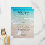 Edge of the Sea Wedding Menu Template<br><div class="desc">Wedding menu template with beach scene background and white sand dollar. There is bold script at the top for a title that can include the names of the couple. All menu items are listed in paragraph form so you can decide how you want it to look. The sample menu is...</div>