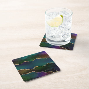 Edgy Agate Dark Moody Jewel Tone Mystic Teal Square Paper Coaster