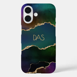 Edgy Agate   Dark Moody Jewel Tone Teal Monogram iPhone 16 Case