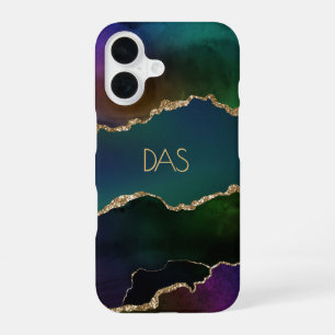 Edgy Agate Dark Moody Jewel Tone Teal Monogram iPhone 16 Case