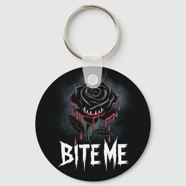 Edgy 'Bite Me' Gothic Rose Design  Keychain (Front)