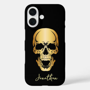 Edgy  Black & Gold Skull Pattern Custom Name iPhone 16 Case