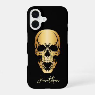 Edgy  Black & Gold Skull Pattern Custom Name iPhone 16 Case