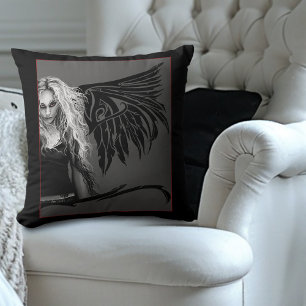 Edgy Black Tribal Fallen Angel Red Eyes Gothic  Throw Pillow