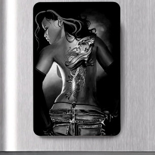 Edgy Black  White Tattooed Dragon Woman Magnet