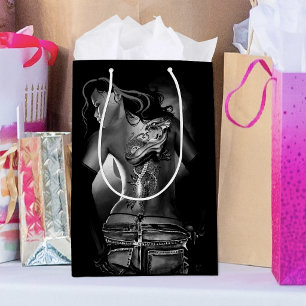 Edgy Black White Tattooed Dragon Woman Medium Gift Bag