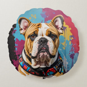Edgy Bulldog Grunge Background Round Pillow