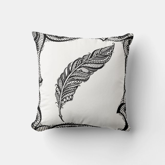 Edgy & Chic Intricate Lace Feather illustration Throw Pillow (Front)