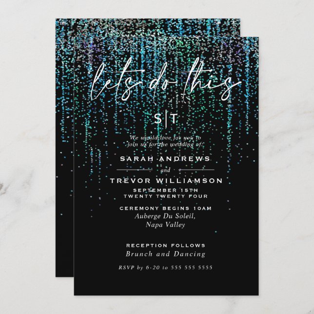  Edgy Chic Teal Aqua Glitter Garland Invitation (Front/Back)