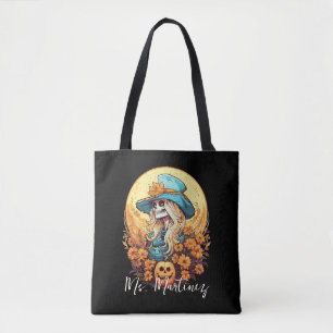 Edgy Cowgirl Skeleton Halloween Sunflower Teacher Tote Bag